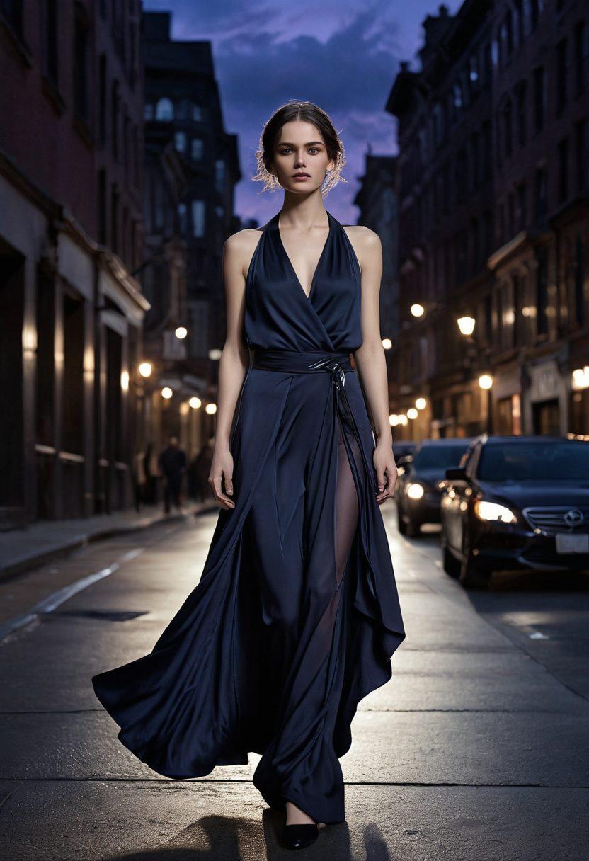 A stylish figure draped in flowing, dark-toned fabrics, standing in a moody, urban landscape soaked in twilight hues. The attire reflects intricate textures and layers that evoke a sense of melancholy, with deep blues, muted purples, and soft blacks. Surrounding the figure are subtle hints of chic aesthetics, like delicate accessories and ethereal lighting casting gentle shadows. The scene captures a perfect balance between sadness and beauty, inviting the viewer into a world of introspective fashion. super-realistic. moody ambiance. dark color palette.