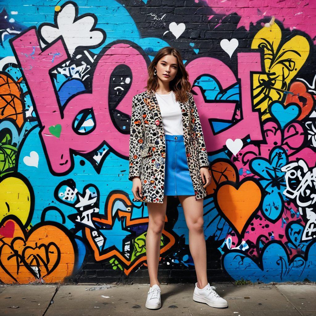 A stylish individual standing in front of a vibrant, graffiti-covered wall, wearing chic Mary Jane shoes and an eclectic outfit that blends modern and vintage elements. Surround them with floating fashion icons and emotive symbols, like hearts and stars, to represent the fusion of aesthetics and emotions in fashion. The background is bright and colorful, creating an energetic atmosphere. super-realistic. vibrant colors. urban setting.