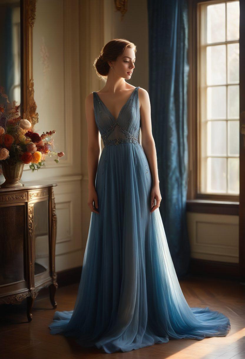 An elegant woman standing in a sunlit room, dressed in a flowing, ethereal gown that blends modern accessories with melancholic undertones. The scene is adorned with soft shadows, vintage mirrors, and delicate floral arrangements, evoking a sense of nostalgia and beauty. The color palette features muted tones with splashes of deep blues and rich burgundies, creating a striking contrast. super-realistic. vibrant colors.